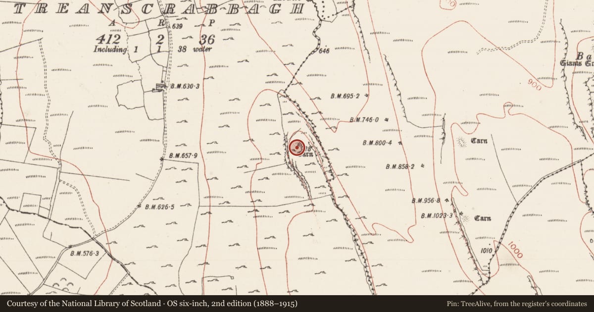Ordnance Survey six-inch map, 2nd edition (1888–1915) covering the location of Megalithic tomb - passage tomb, Treanscrabbagh, County Sligo, with a pin at the register's coordinates