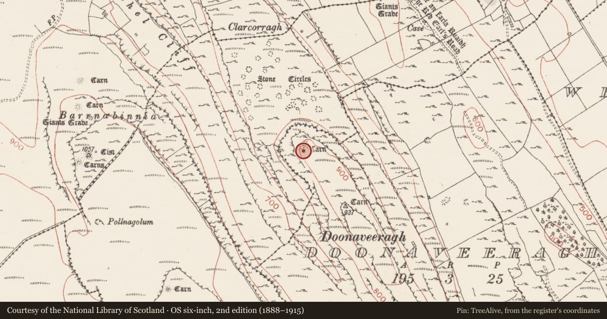 Ordnance Survey six-inch map, 2nd edition (1888–1915) covering the location of Megalithic tomb - passage tomb, Doonaveeragh, County Sligo, with a pin at the register's coordinates