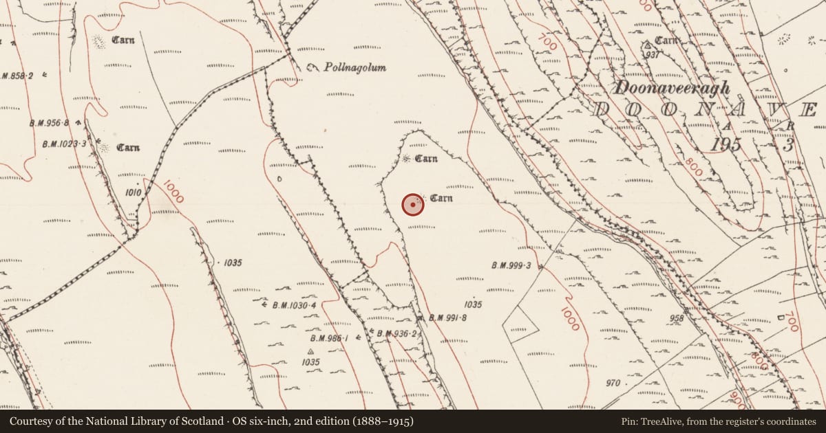 Ordnance Survey six-inch map, 2nd edition (1888–1915) covering the location of Megalithic tomb - passage tomb, Carricknahorna East, County Sligo, with a pin at the register's coordinates