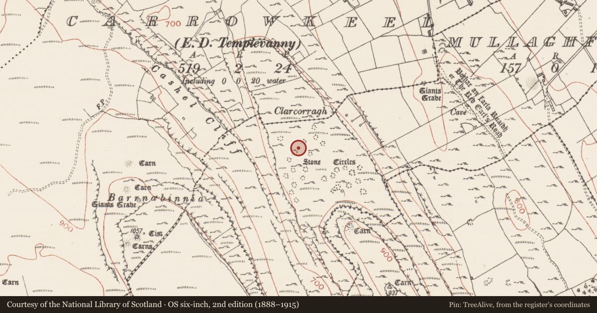 Ordnance Survey six-inch map, 2nd edition (1888–1915) covering the location of Settlement cluster, Mullaghfarna, County Sligo, with a pin at the register's coordinates