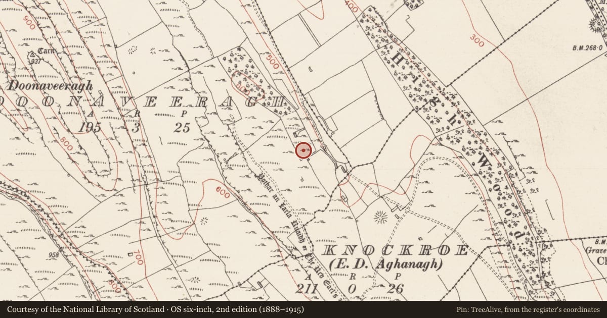 Ordnance Survey six-inch map, 2nd edition (1888–1915) covering the location of Hut site, Doonaveeragh, County Sligo, with a pin at the register's coordinates