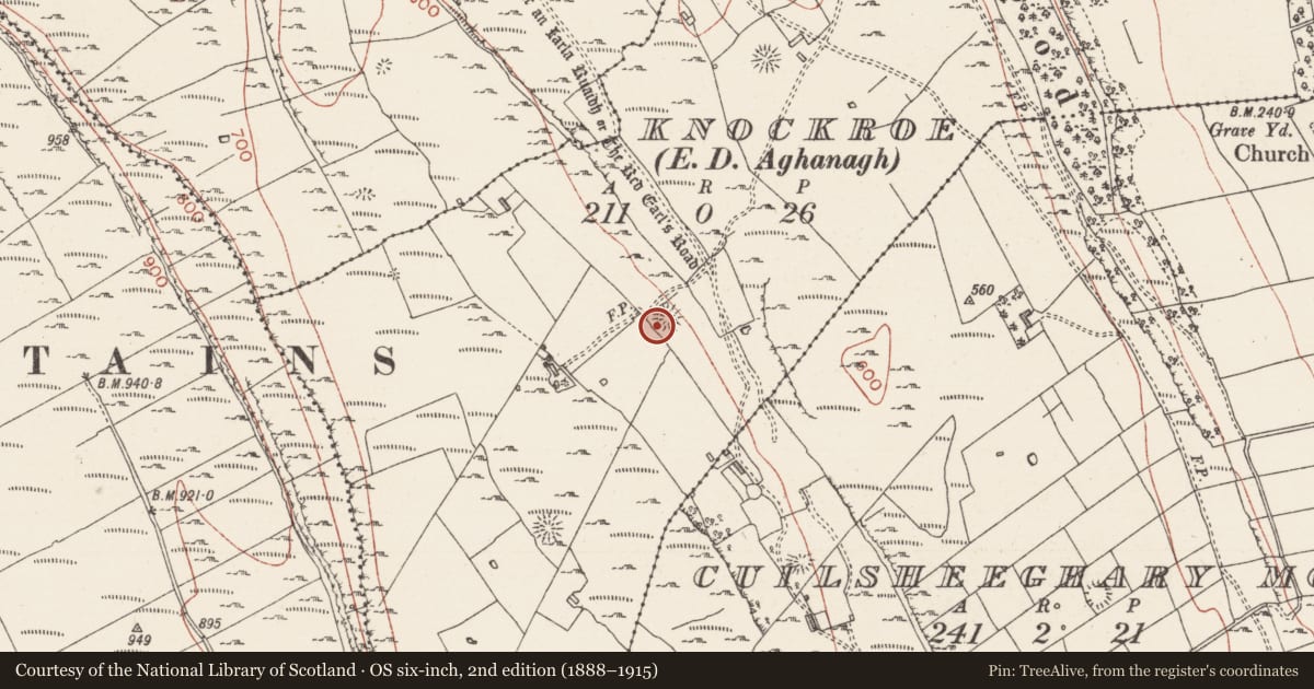 Ordnance Survey six-inch map, 2nd edition (1888–1915) covering the location of Ringfort - cashel, Knockroe, County Sligo, with a pin at the register's coordinates