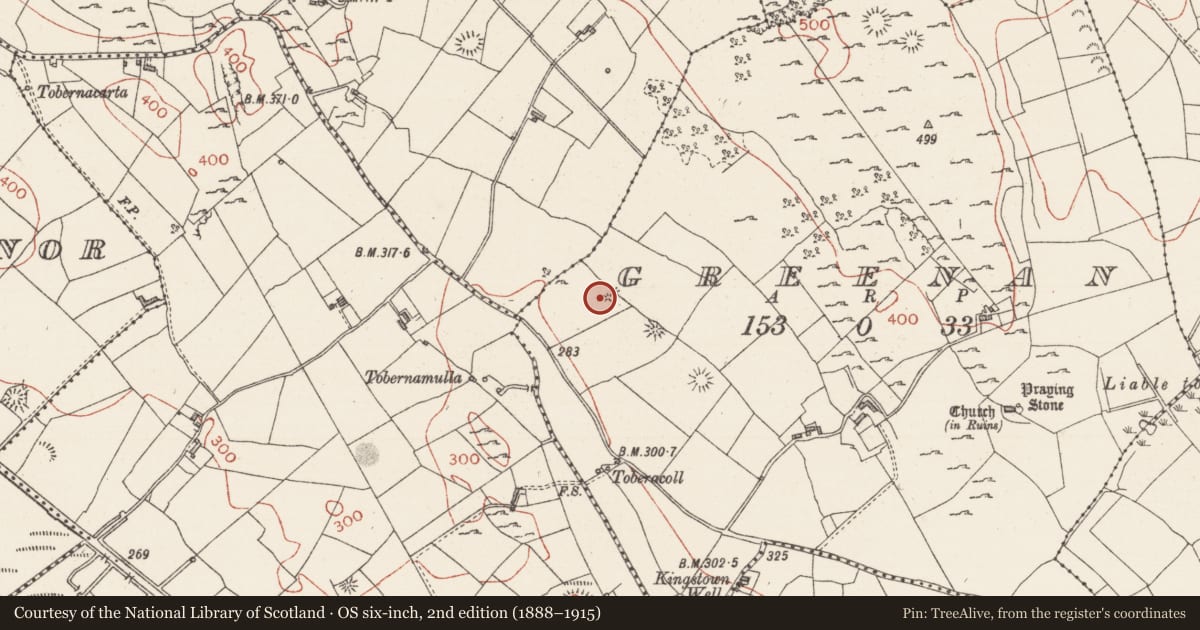 Ordnance Survey six-inch map, 2nd edition (1888–1915) covering the location of Barrow - ring-barrow, Greenan, County Sligo, with a pin at the register's coordinates