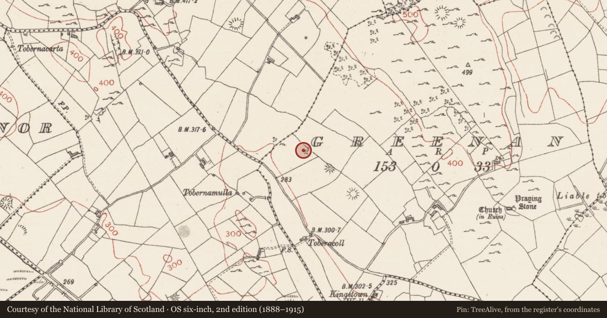 Ordnance Survey six-inch map, 2nd edition (1888–1915) covering the location of Barrow - embanked barrow, Greenan, County Sligo, with a pin at the register's coordinates