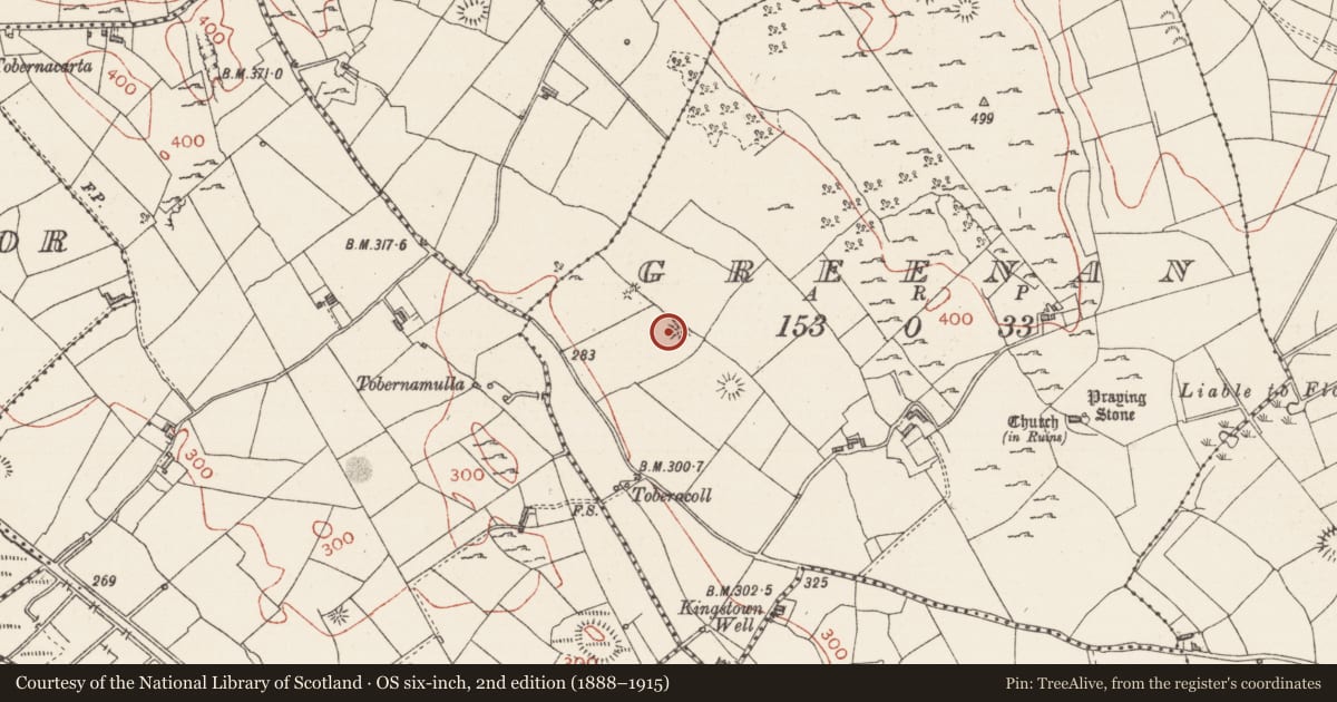 Ordnance Survey six-inch map, 2nd edition (1888–1915) covering the location of Barrow - ring-barrow, Greenan, County Sligo, with a pin at the register's coordinates