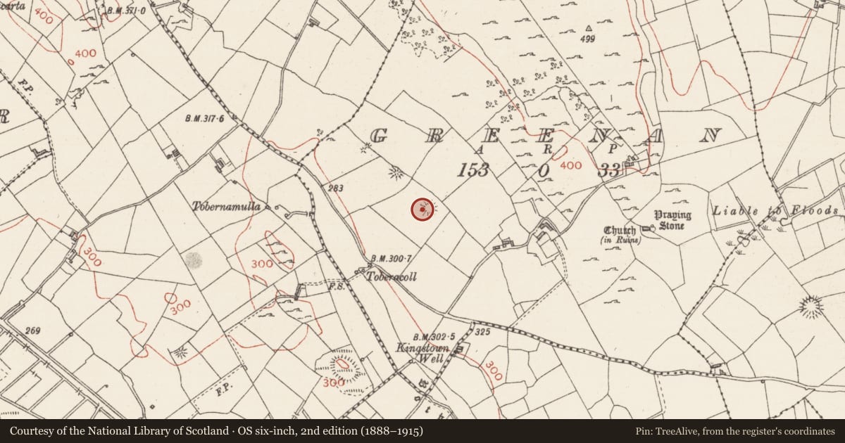 Ordnance Survey six-inch map, 2nd edition (1888–1915) covering the location of Barrow - embanked barrow, Greenan, County Sligo, with a pin at the register's coordinates