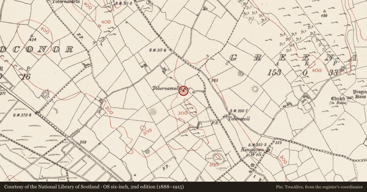 Ordnance Survey six-inch map, 2nd edition (1888–1915) covering the location of Ritual site - holy well, Toomour, County Sligo, with a pin at the register's coordinates