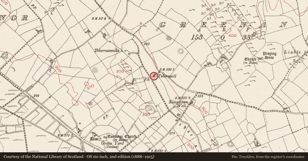 Ordnance Survey six-inch map, 2nd edition (1888–1915) covering the location of Ritual site - holy well, Greenan, County Sligo, with a pin at the register's coordinates
