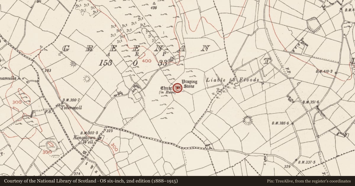 Ordnance Survey six-inch map, 2nd edition (1888–1915) covering the location of Cross-slab, Greenan, County Sligo, with a pin at the register's coordinates