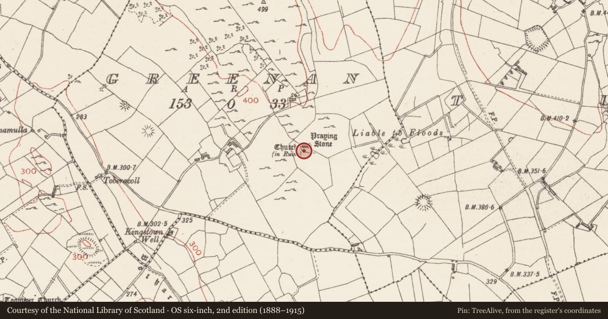 Ordnance Survey six-inch map, 2nd edition (1888–1915) covering the location of Earthwork, Greenan, County Sligo, with a pin at the register's coordinates