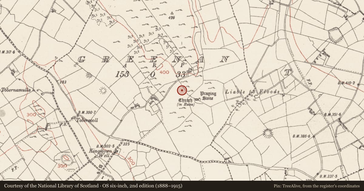 Ordnance Survey six-inch map, 2nd edition (1888–1915) covering the location of Road - road/trackway, Greenan, County Sligo, with a pin at the register's coordinates