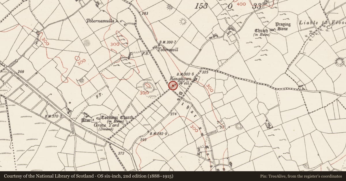 Ordnance Survey six-inch map, 2nd edition (1888–1915) covering the location of Ritual site - holy well, Greenan, County Sligo, with a pin at the register's coordinates