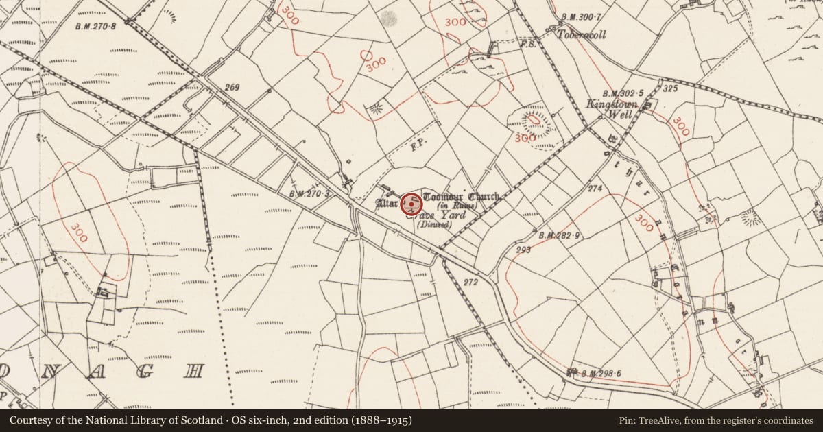 Ordnance Survey six-inch map, 2nd edition (1888–1915) covering the location of Church, Toomour, County Sligo, with a pin at the register's coordinates