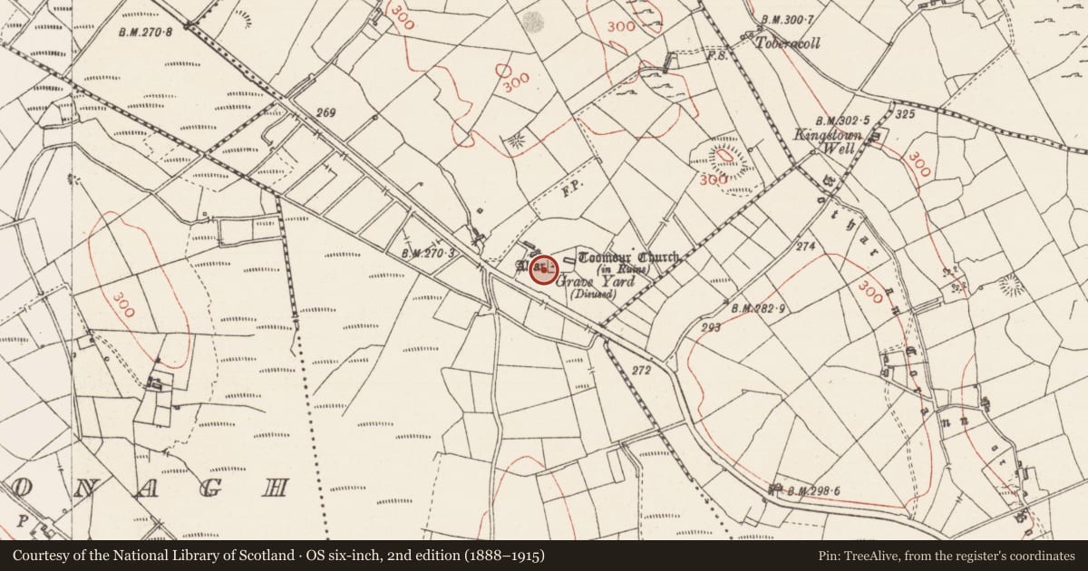 Ordnance Survey six-inch map, 2nd edition (1888–1915) covering the location of Ritual site - holy/saint's stone, Toomour, County Sligo, with a pin at the register's coordinates