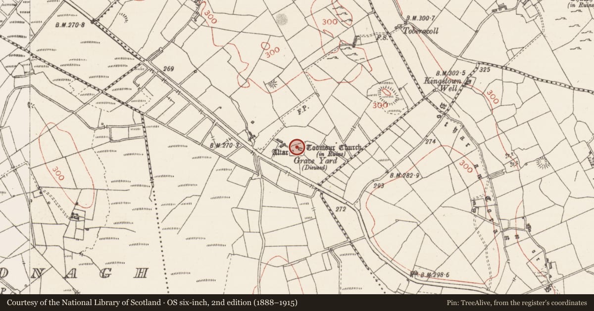 Ordnance Survey six-inch map, 2nd edition (1888–1915) covering the location of Ecclesiastical enclosure, Toomour, County Sligo, with a pin at the register's coordinates
