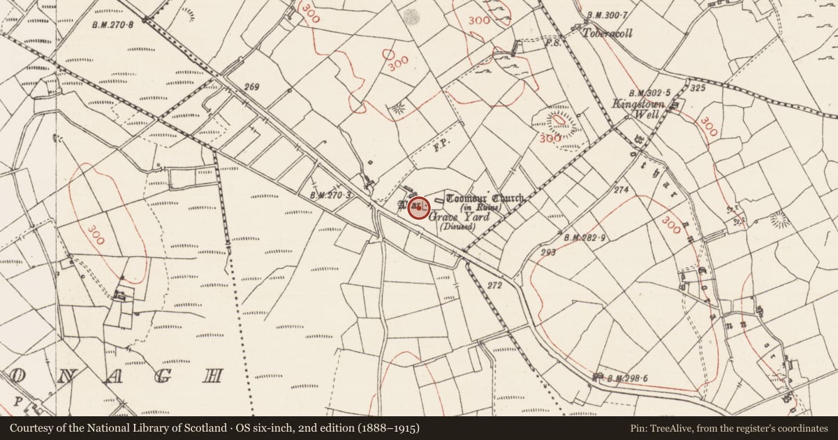 Ordnance Survey six-inch map, 2nd edition (1888–1915) covering the location of Ritual site - holy/saint's stone, Toomour, County Sligo, with a pin at the register's coordinates