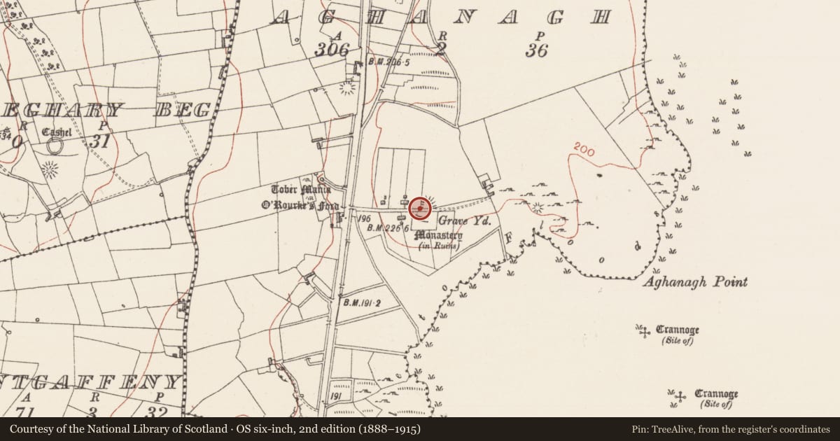 Ordnance Survey six-inch map, 2nd edition (1888–1915) covering the location of Children's burial ground, Aghanagh, County Sligo, with a pin at the register's coordinates