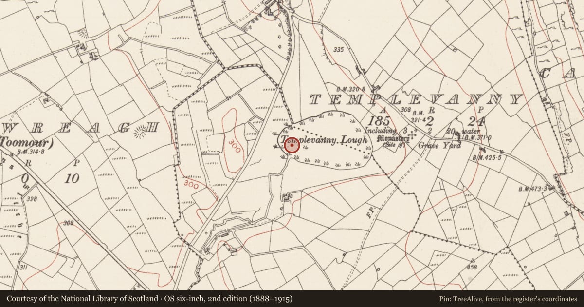Ordnance Survey six-inch map, 2nd edition (1888–1915) covering the location of Crannog, Carrowcrory, County Sligo, with a pin at the register's coordinates