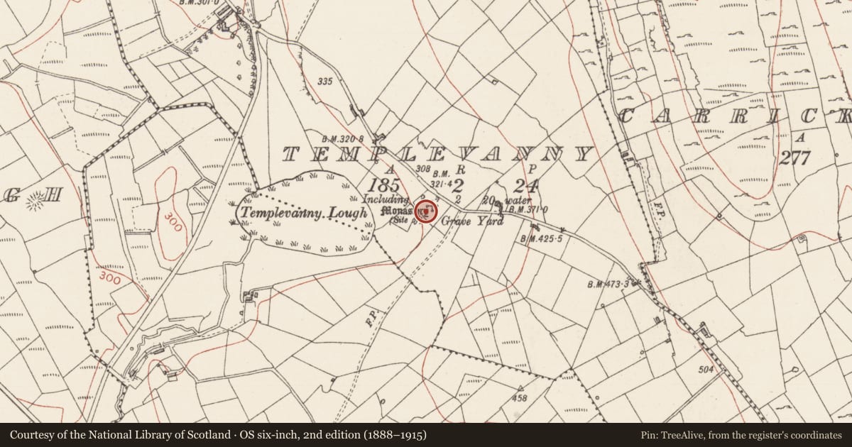 Ordnance Survey six-inch map, 2nd edition (1888–1915) covering the location of Church, Templevanny, County Sligo, with a pin at the register's coordinates