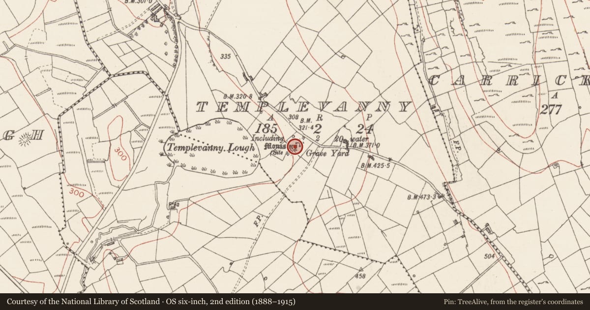 Ordnance Survey six-inch map, 2nd edition (1888–1915) covering the location of Graveyard, Templevanny, County Sligo, with a pin at the register's coordinates