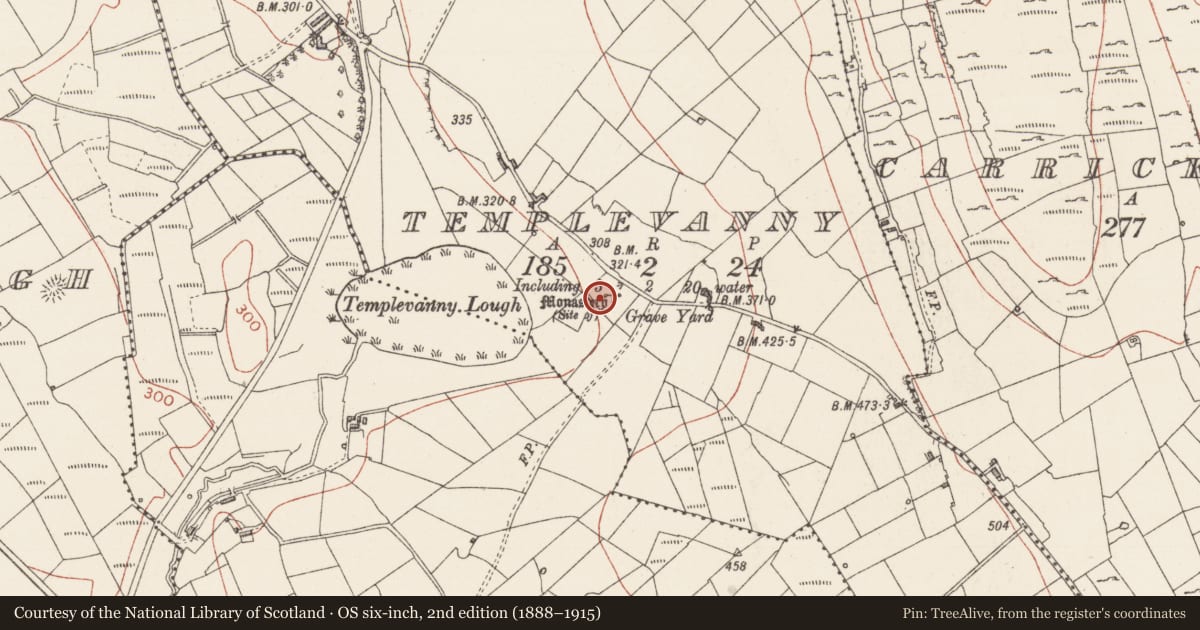 Ordnance Survey six-inch map, 2nd edition (1888–1915) covering the location of Ecclesiastical enclosure, Templevanny, County Sligo, with a pin at the register's coordinates