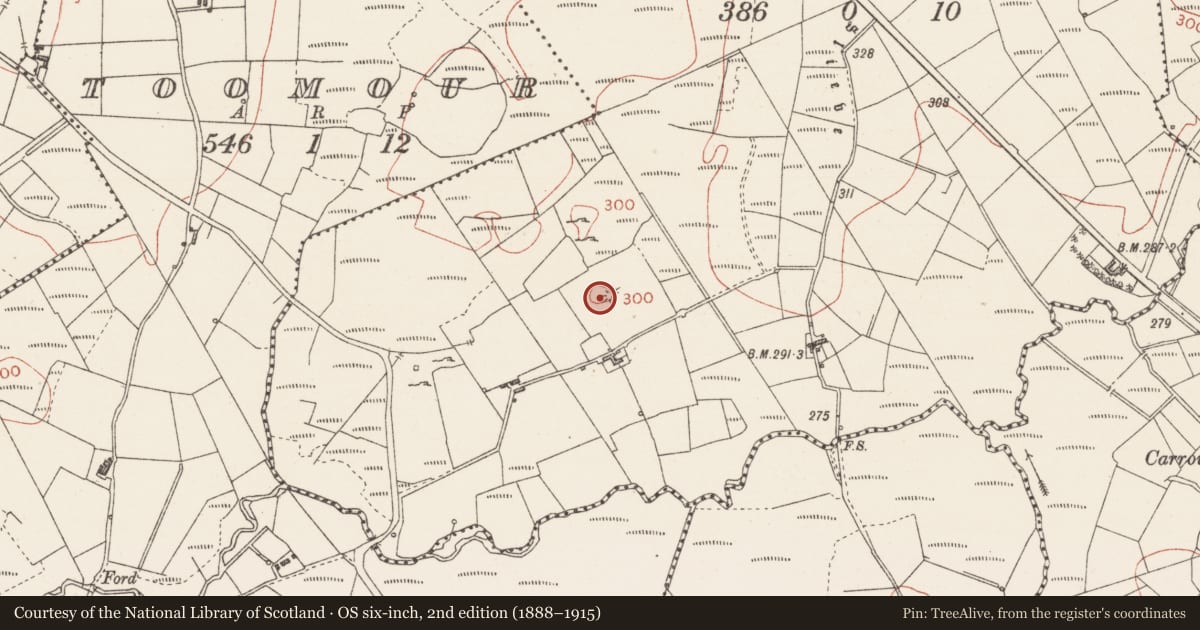 Ordnance Survey six-inch map, 2nd edition (1888–1915) covering the location of Barrow - mound barrow, Carrowreagh, County Sligo, with a pin at the register's coordinates
