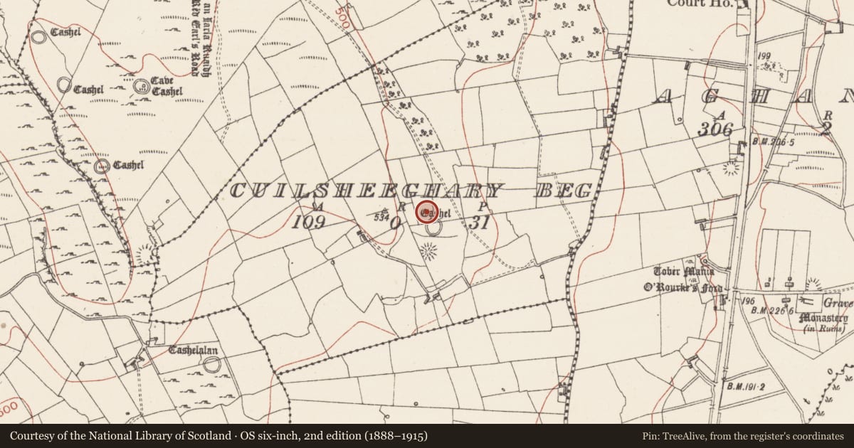 Ordnance Survey six-inch map, 2nd edition (1888–1915) covering the location of Enclosure, Cuilsheeghary Beg, County Sligo, with a pin at the register's coordinates