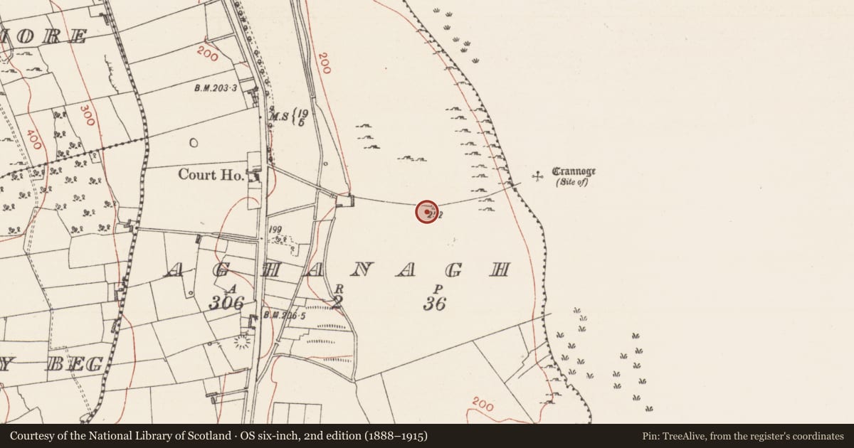 Ordnance Survey six-inch map, 2nd edition (1888–1915) covering the location of Enclosure, Aghanagh, County Sligo, with a pin at the register's coordinates