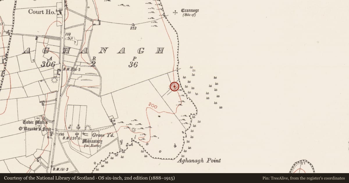 Ordnance Survey six-inch map, 2nd edition (1888–1915) covering the location of Building, Aghanagh, County Sligo, with a pin at the register's coordinates