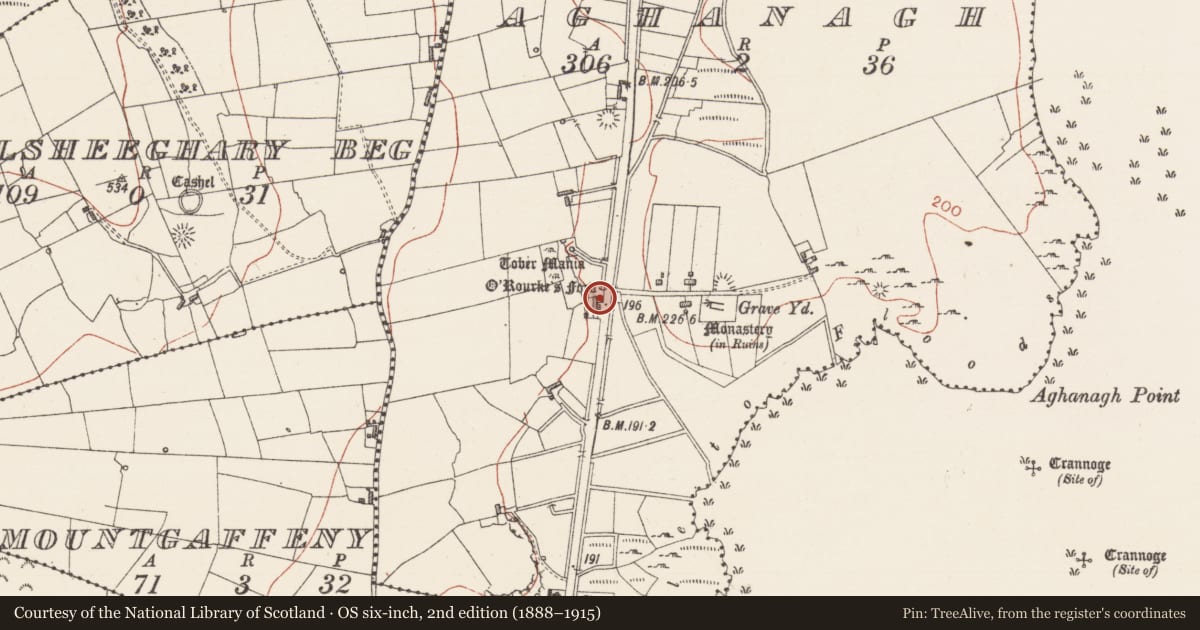 Ordnance Survey six-inch map, 2nd edition (1888–1915) covering the location of Ford, Aghanagh, County Sligo, with a pin at the register's coordinates