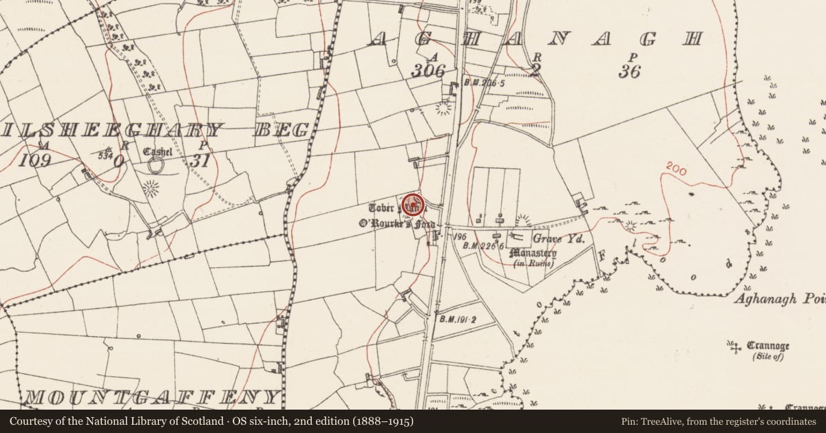 Ordnance Survey six-inch map, 2nd edition (1888–1915) covering the location of Ritual site - holy/saint's stone, Aghanagh, County Sligo, with a pin at the register's coordinates