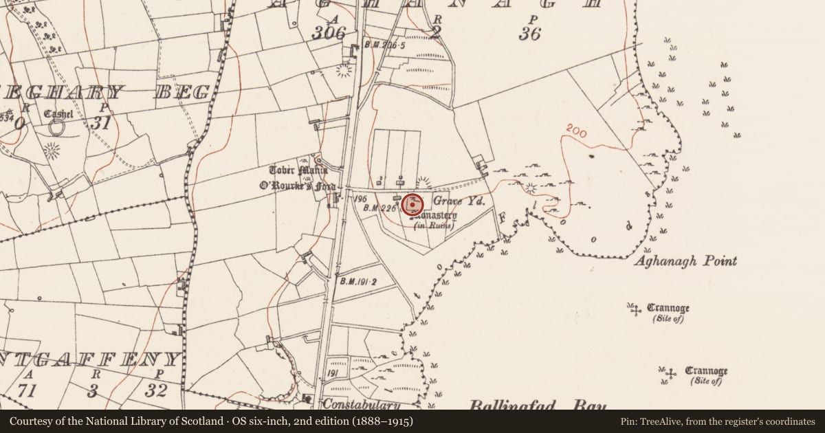 Ordnance Survey six-inch map, 2nd edition (1888–1915) covering the location of Graveyard, Aghanagh, County Sligo, with a pin at the register's coordinates