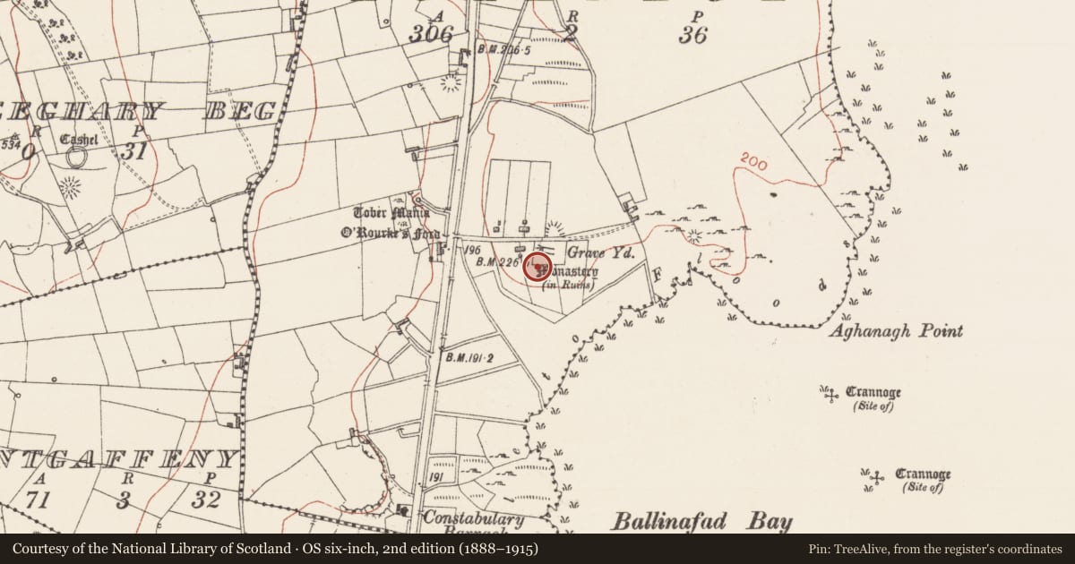 Ordnance Survey six-inch map, 2nd edition (1888–1915) covering the location of Graveslab, Aghanagh, County Sligo, with a pin at the register's coordinates