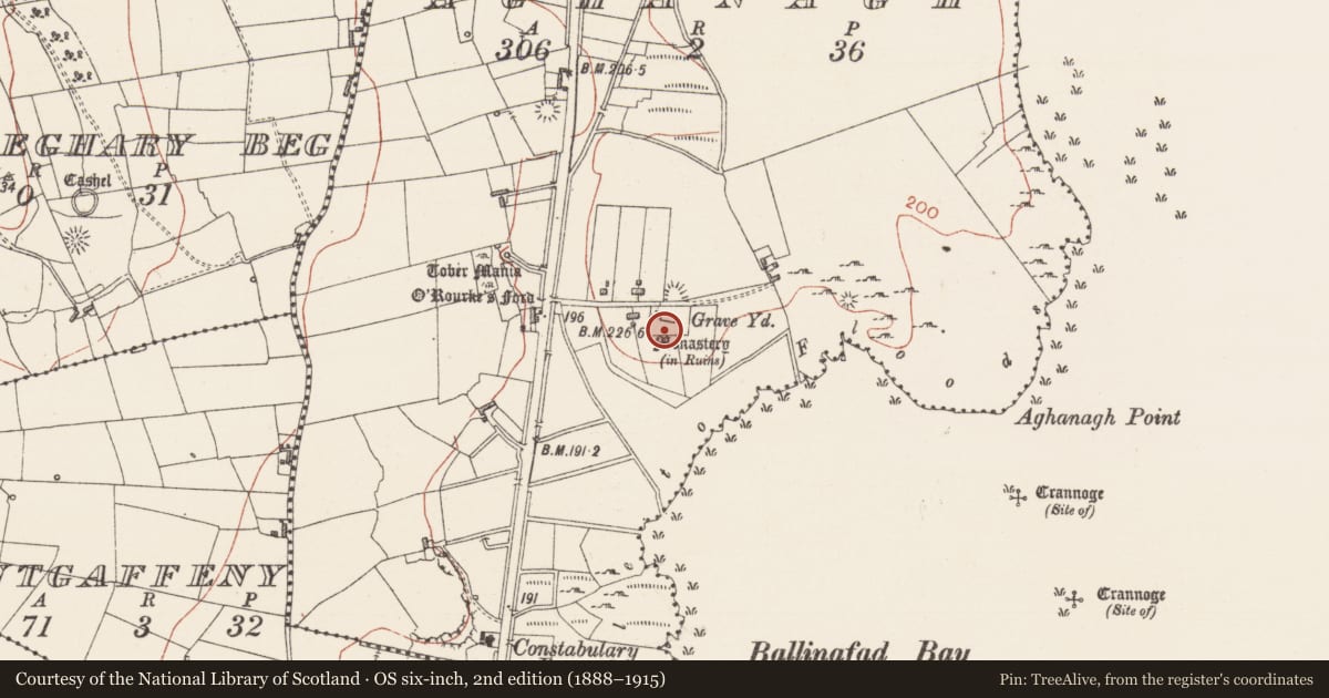 Ordnance Survey six-inch map, 2nd edition (1888–1915) covering the location of Graveslab, Aghanagh, County Sligo, with a pin at the register's coordinates