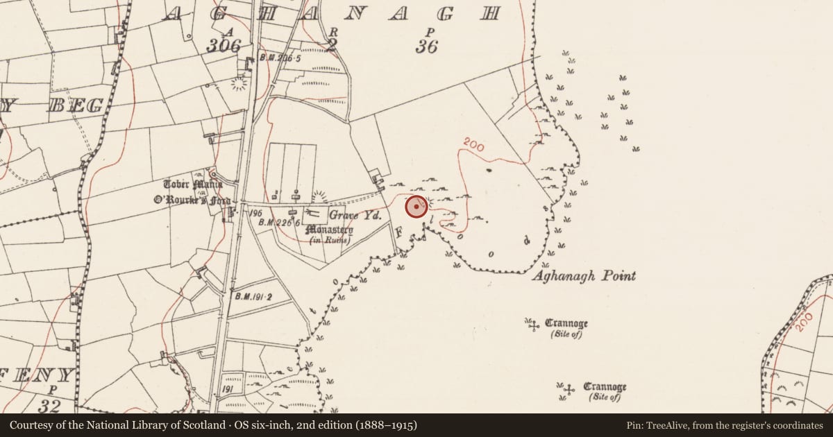 Ordnance Survey six-inch map, 2nd edition (1888–1915) covering the location of Barrow - unclassified, Aghanagh, County Sligo, with a pin at the register's coordinates