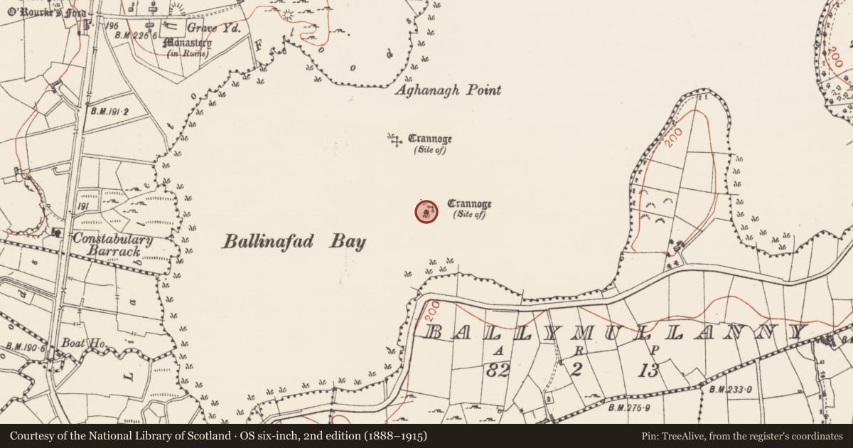 Ordnance Survey six-inch map, 2nd edition (1888–1915) covering the location of Crannog, Lough Arrow, County Sligo, with a pin at the register's coordinates