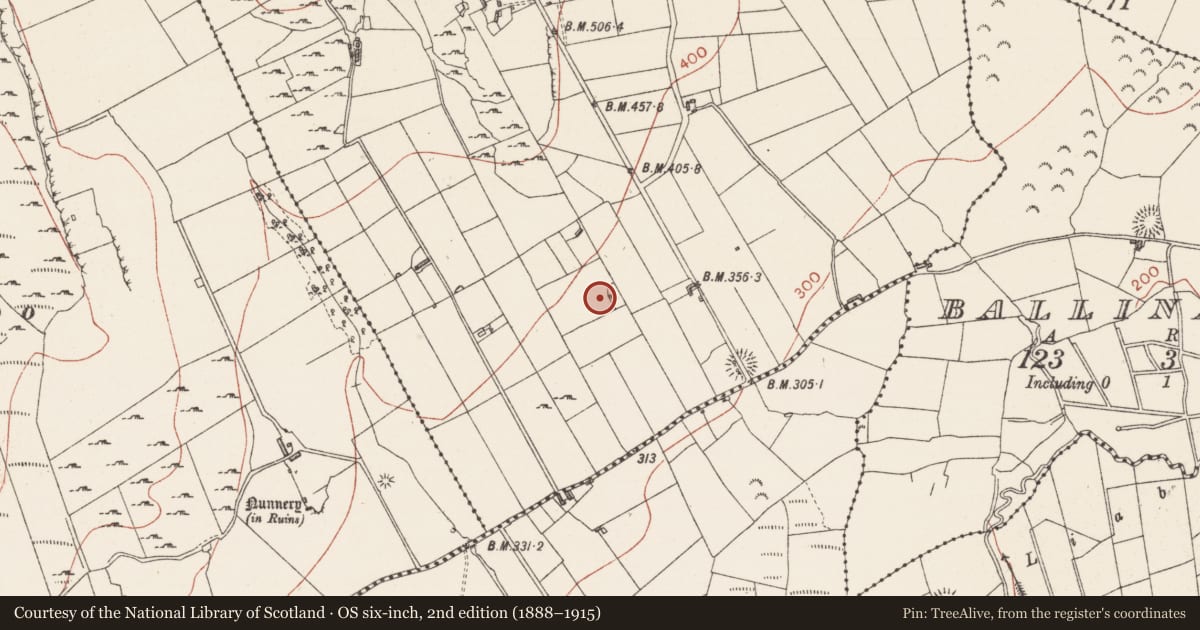 Ordnance Survey six-inch map, 2nd edition (1888–1915) covering the location of Megalithic tomb - unclassified, Carricknahorna East, County Sligo, with a pin at the register's coordinates