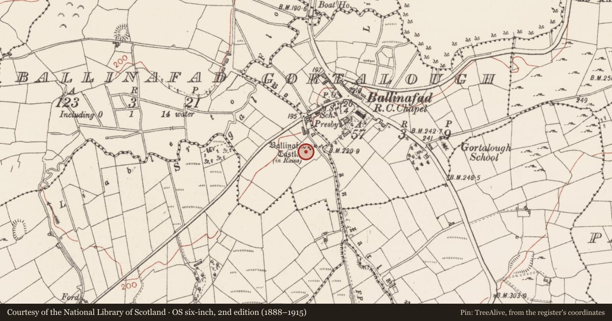 Ordnance Survey six-inch map, 2nd edition (1888–1915) covering the location of Blockhouse, Ballinafad, County Sligo, with a pin at the register's coordinates