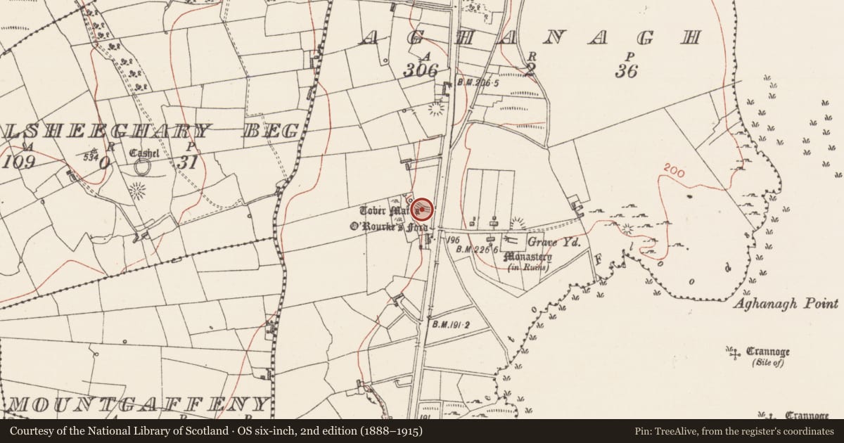 Ordnance Survey six-inch map, 2nd edition (1888–1915) covering the location of Fulacht fia, Aghanagh, County Sligo, with a pin at the register's coordinates
