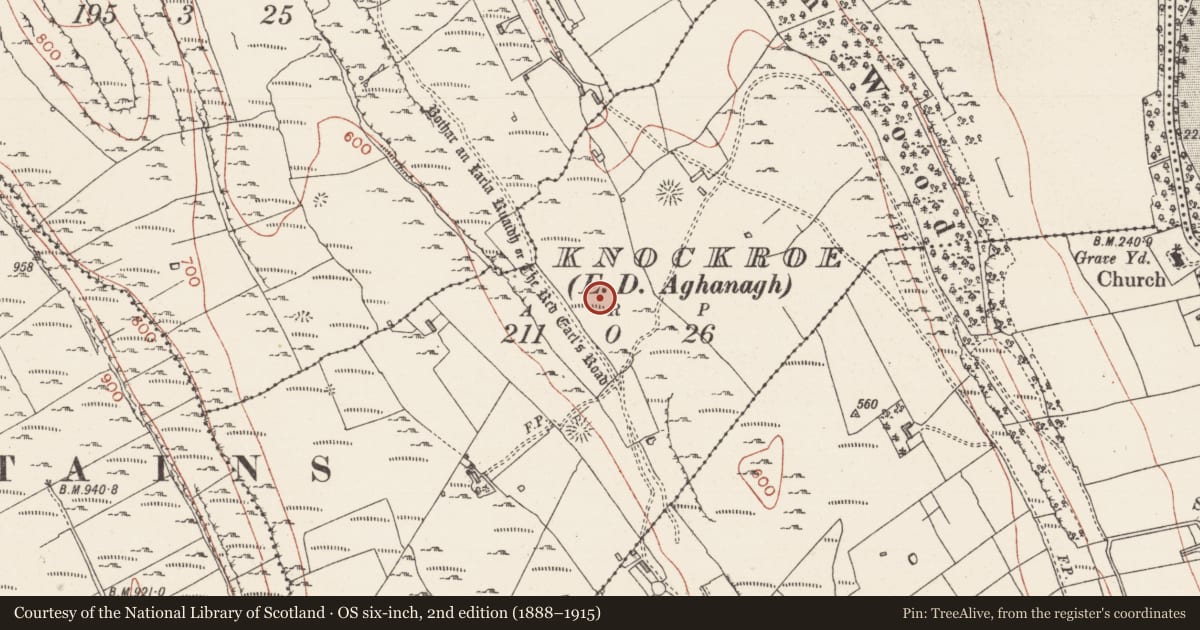 Ordnance Survey six-inch map, 2nd edition (1888–1915) covering the location of Hut site, Knockroe, County Sligo, with a pin at the register's coordinates
