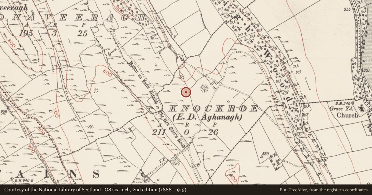 Ordnance Survey six-inch map, 2nd edition (1888–1915) covering the location of Hut site, Knockroe, County Sligo, with a pin at the register's coordinates