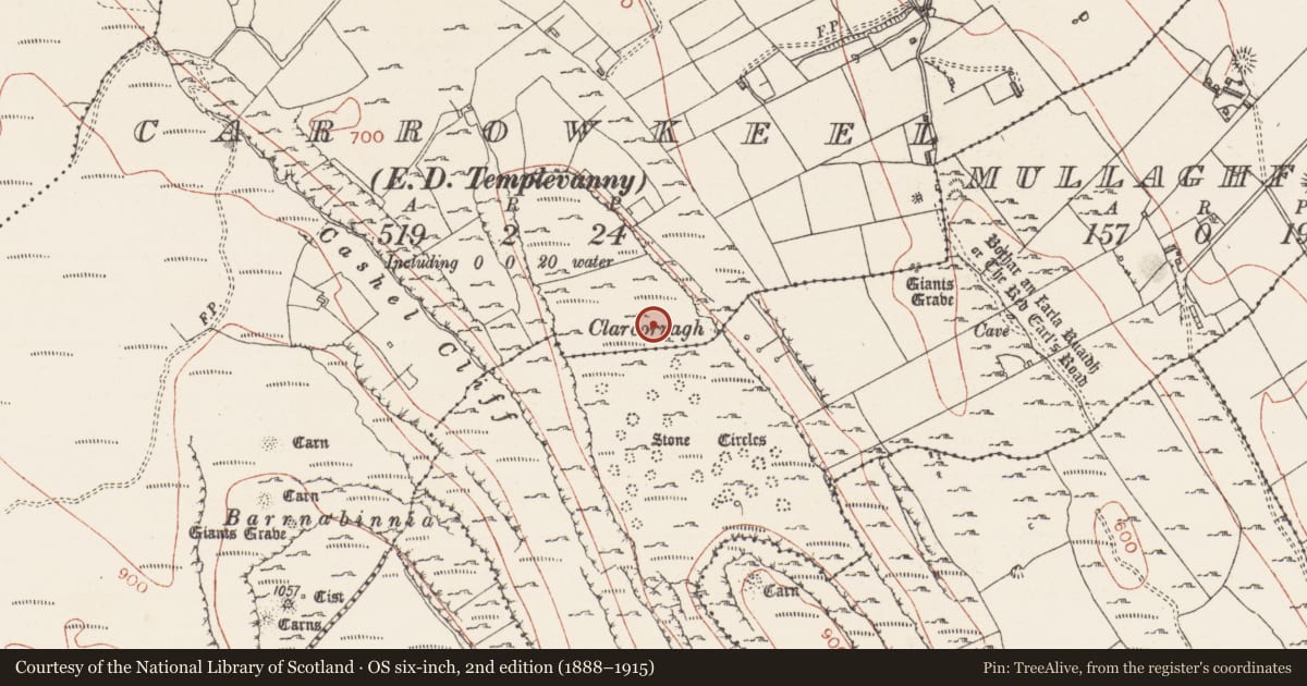 Ordnance Survey six-inch map, 2nd edition (1888–1915) covering the location of Hut site, Carrowkeel, County Sligo, with a pin at the register's coordinates