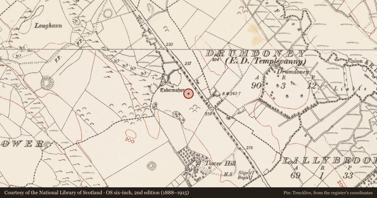 Ordnance Survey six-inch map, 2nd edition (1888–1915) covering the location of Burnt mound, Carrowkeel, County Sligo, with a pin at the register's coordinates