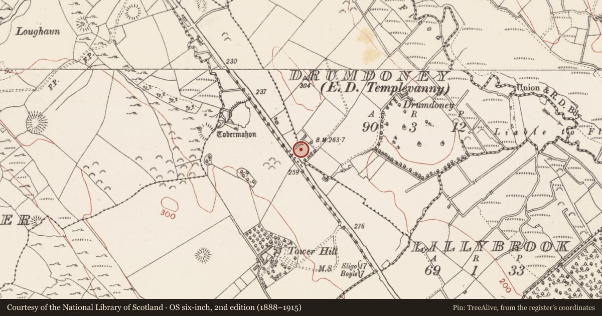 Ordnance Survey six-inch map, 2nd edition (1888–1915) covering the location of Architectural fragment, Drumdoney, County Sligo, with a pin at the register's coordinates
