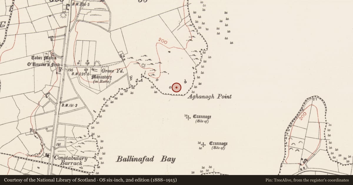 Ordnance Survey six-inch map, 2nd edition (1888–1915) covering the location of Church, Aghanagh, County Sligo, with a pin at the register's coordinates