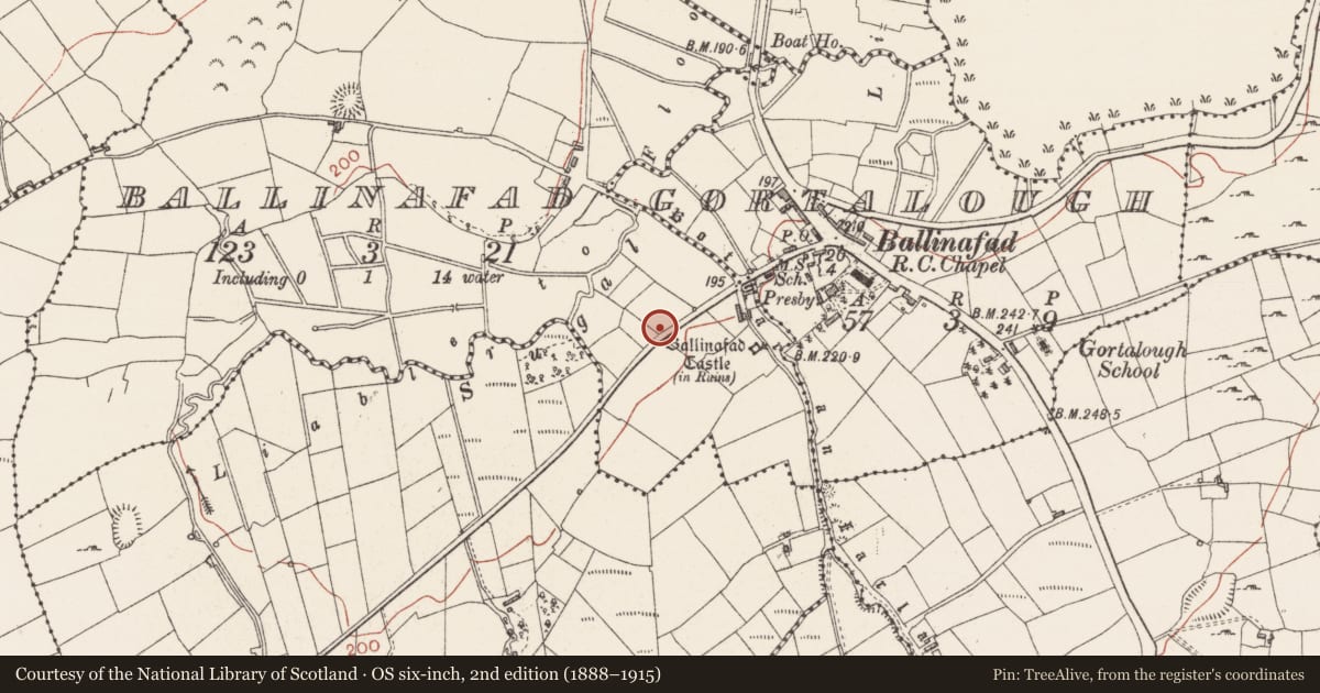 Ordnance Survey six-inch map, 2nd edition (1888–1915) covering the location of Burnt mound, Ballinafad, County Sligo, with a pin at the register's coordinates