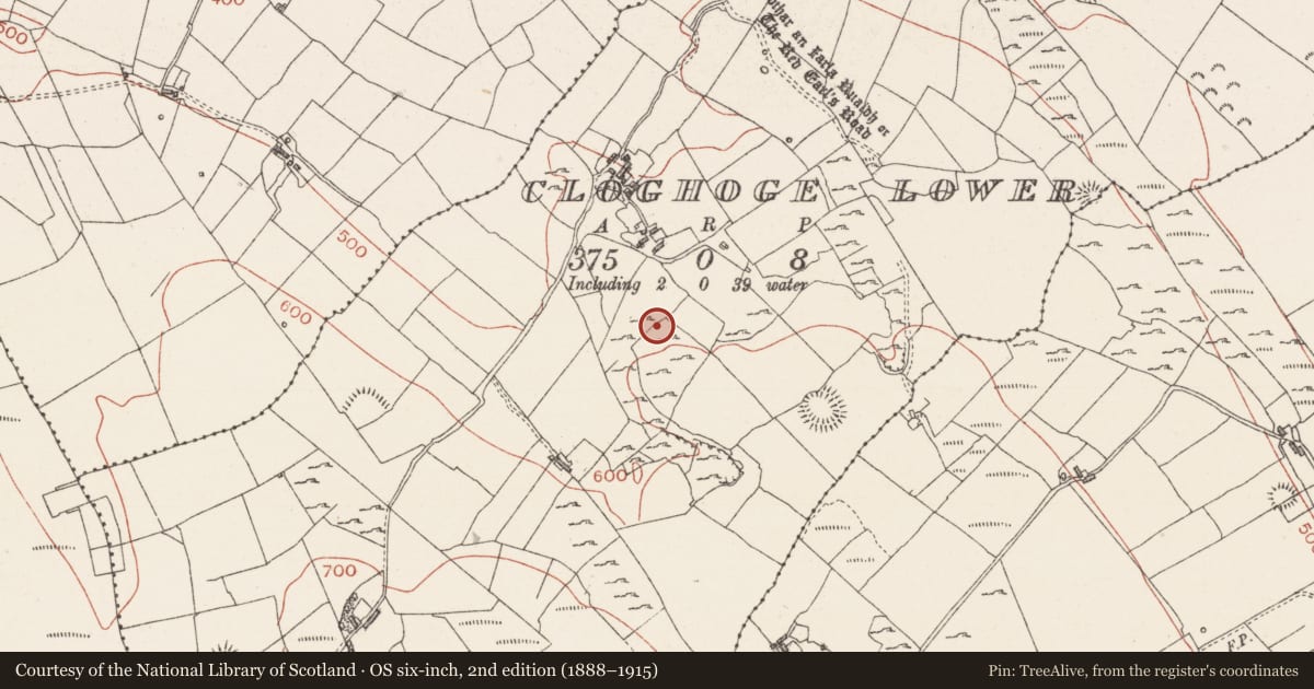 Ordnance Survey six-inch map, 2nd edition (1888–1915) covering the location of Cairn - unclassified, Cloghoge Lower, County Sligo, with a pin at the register's coordinates