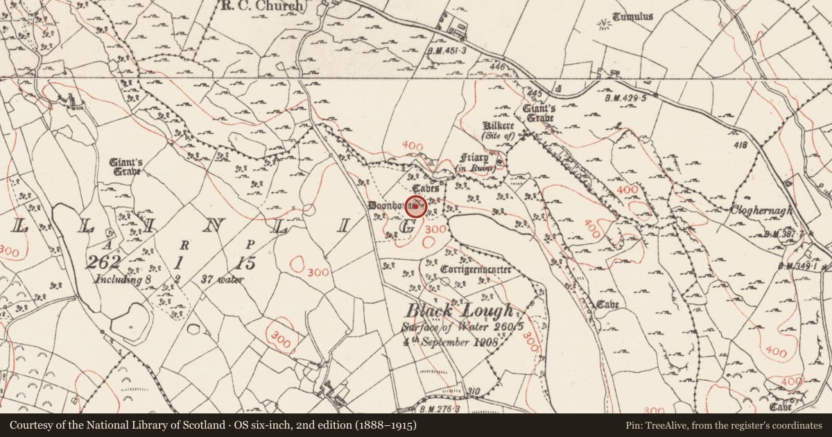 Ordnance Survey six-inch map, 2nd edition (1888–1915) covering the location of Earthwork, Ballinlig, County Sligo, with a pin at the register's coordinates
