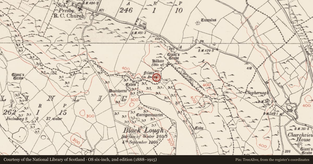 Ordnance Survey six-inch map, 2nd edition (1888–1915) covering the location of Church, Highwood, County Sligo, with a pin at the register's coordinates