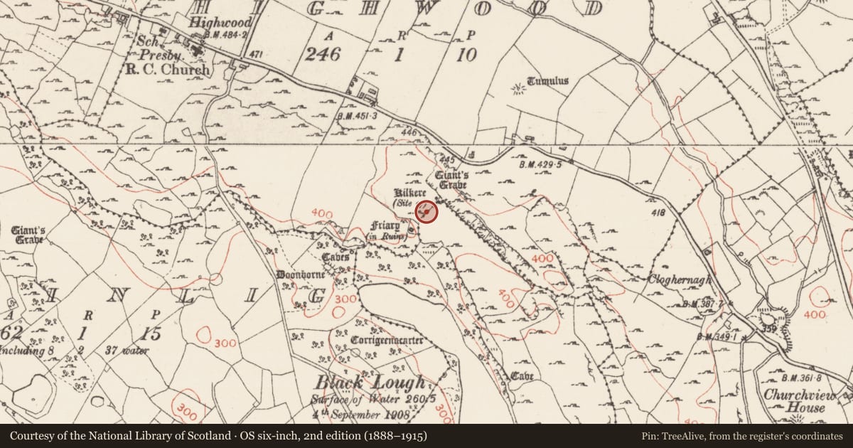 Ordnance Survey six-inch map, 2nd edition (1888–1915) covering the location of Burial ground, Highwood, County Sligo, with a pin at the register's coordinates